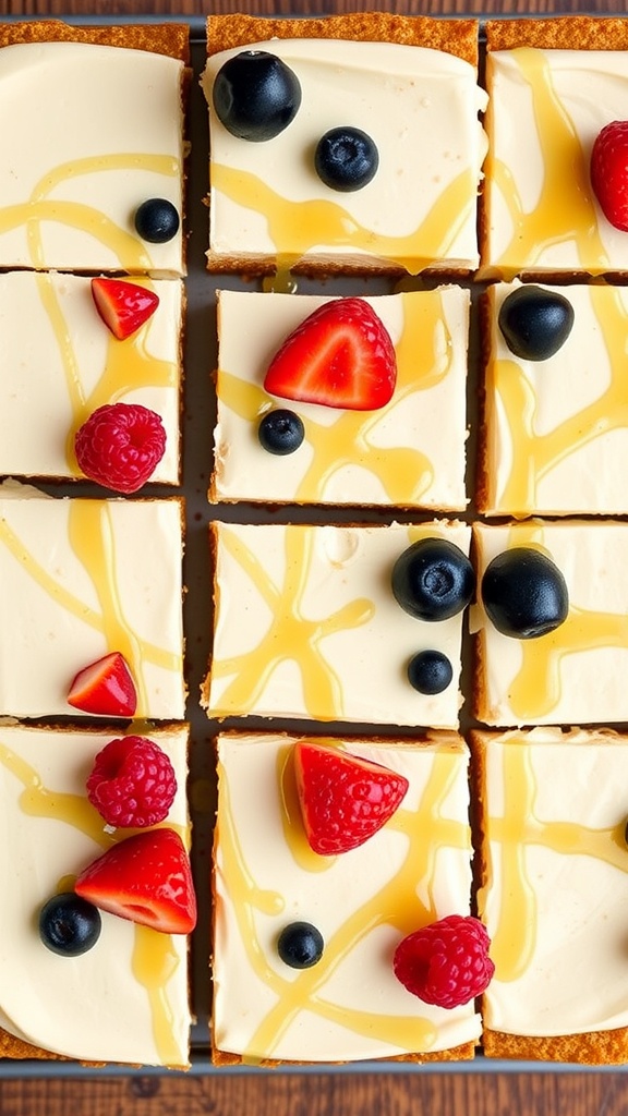 Creamy Greek Yogurt Cheesecake Bars Greek yogurt cheesecake bars with a graham cracker crust, topped with fresh fruit and honey.